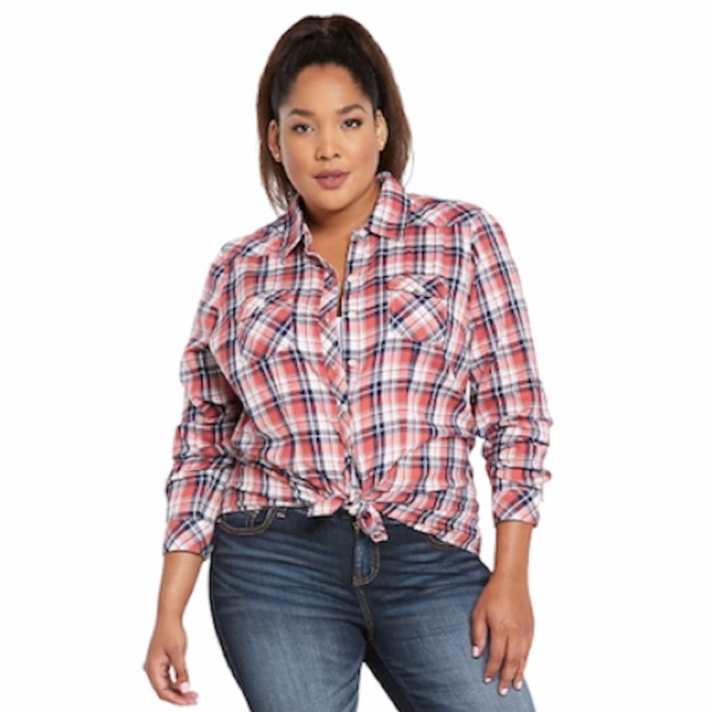 Torrid Plaid Button Down Camp Shirt Red 1X